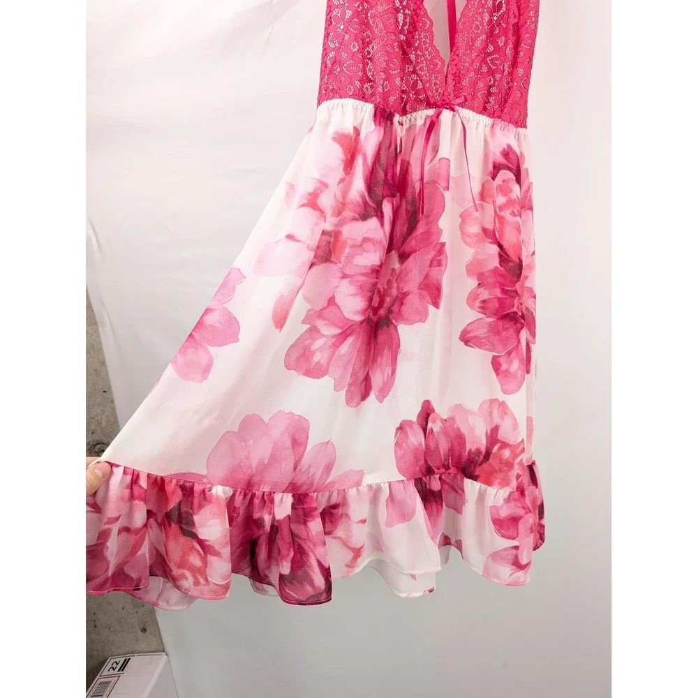Floral Lace Trim Sheer Mesh Ruffle Babydoll Chemise Sz S Pink Nightgown Coquette